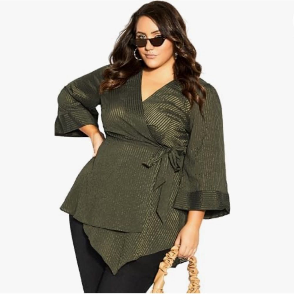 NWT CITY CHIC size 12 olive jacquard wrap shirt top Whitney v-neck blouse - Picture 1 of 7